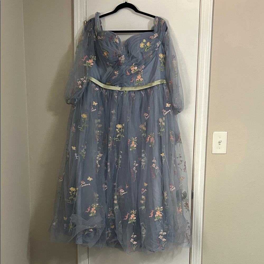 Floral Embroidered Blue Tulle Dress